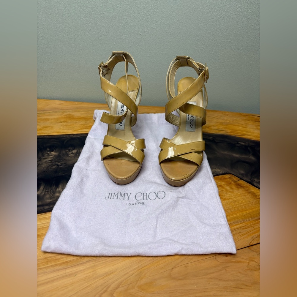 FINAL SALE‼️JIMMY CHOO Beige Patent Leather Vamp Ankle Strap Sandal,Size 36